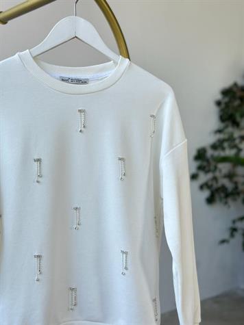 Salkım Kristal Taş İşçilikli Sweat (Beyaz)
