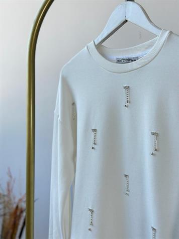 Salkım Kristal Taş İşçilikli Sweat (Beyaz)