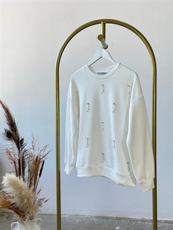 Salkım Kristal Taş İşçilikli Sweat (Beyaz)