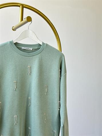 Salkım Kristal Taş İşçilikli Sweat (Mint)