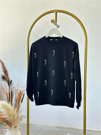 Salkım Kristal Taş İşçilikli Sweat (Siyah)