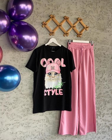 Şapkalı Kedi Taş İşlemeli Tshirt (Siyah)