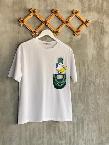 Saten Cep Taş İşlemeli Daffy Duck Kadın Tişört (Beyaz)