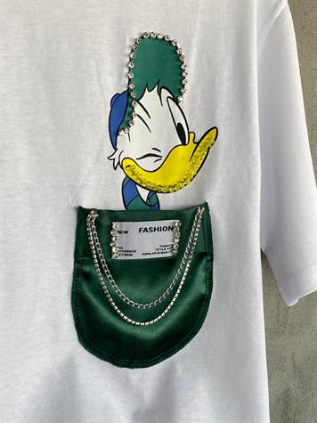 Saten Cep Taş İşlemeli Daffy Duck Kadın Tişört (Beyaz)