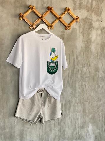 Saten Cep Taş İşlemeli Daffy Duck Kadın Tişört (Beyaz)