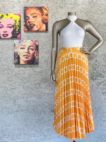 Saten Kumaş Zincir Desenli Beli Lastikli Maxi Boy Etek (Sarı)