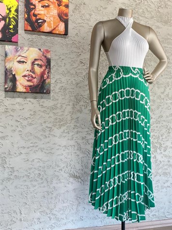 Saten Kumaş Zincir Desenli Beli Lastikli Maxi Boy Etek (Yeşil)