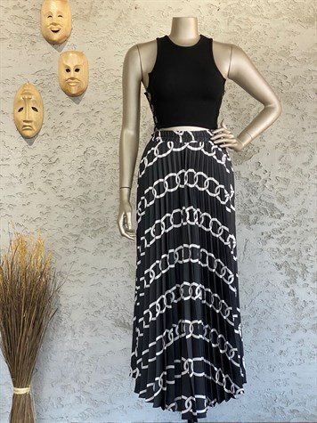 Saten Kumaş Zincir Desenli Beli Lastikli Maxi Boy Etek (Siyah)