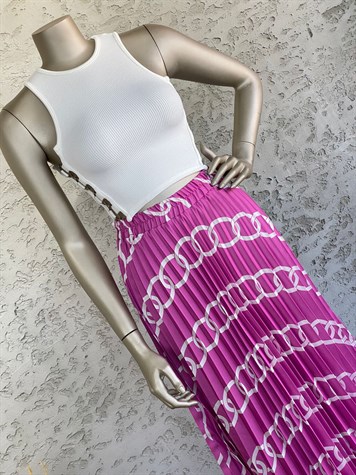 Saten Kumaş Zincir Desenli Beli Lastikli Maxi Boy Etek (Mor)