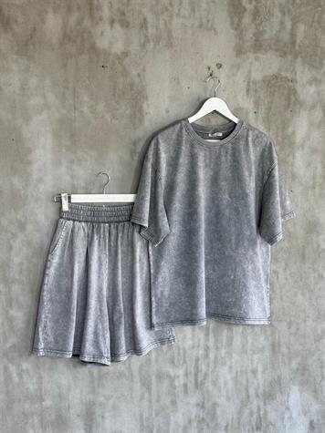 Şehir Boy Şortlu Oversize Taş Yıkamalı Takım (Gri)