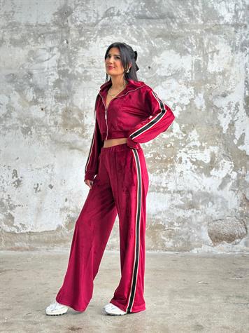Şerit Çizgili İthal Kadife Takım (Bordo)