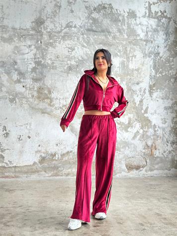 Şerit Çizgili İthal Kadife Takım (Bordo)