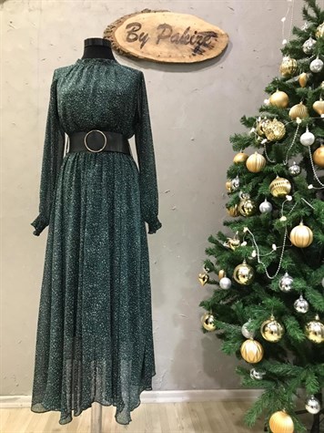 Şifon Kumaş Deri Kemerli Etek Ucu Asimetrik Elbise