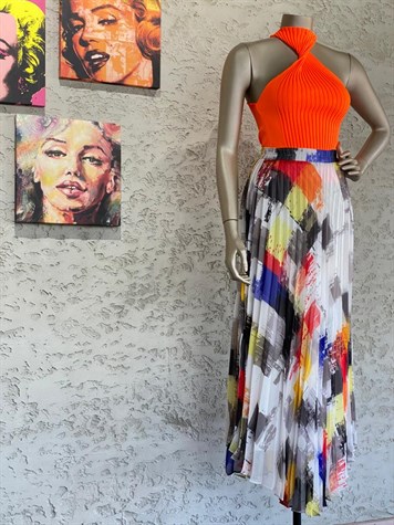 Sifon Kumaş İçi Uzun Astarlı Kumaş Desenli Beli Lastikli Maxi Boy Etek (Beyaz)