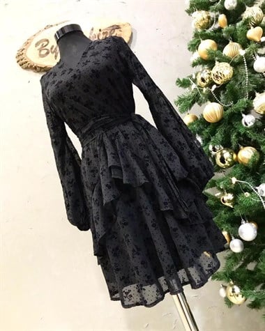 Şifon Kumaş Yandan Fermuarlı Kuşaklı Mini Elbise