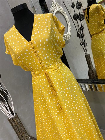 Sırt Detaylı Beli Lastikli Midi Boy Elbise (SARI)