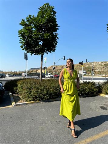 Sırt Detaylı Keten Elbise (Yağ Yeşili)