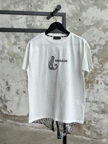 Sırt Organze Leopar Desenli Tişört (Beyaz)