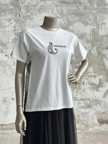 Sırt Organze Leopar Desenli Tişört (Beyaz)