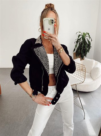 Siyah Biker Silver Zımba Detaylı Tasarım Penny Jean Ceket