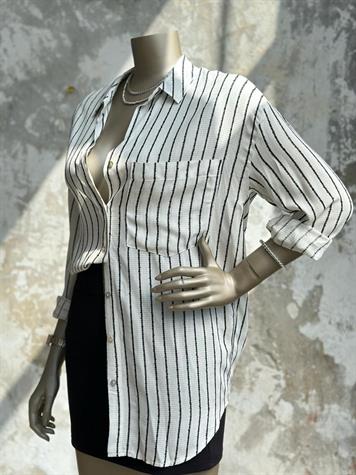 Siyah Çizgili Oversize Kadın Gömlek (Beyaz)