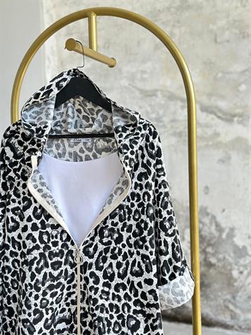 Siyah  Leopar Desen Ham Keten Ceket