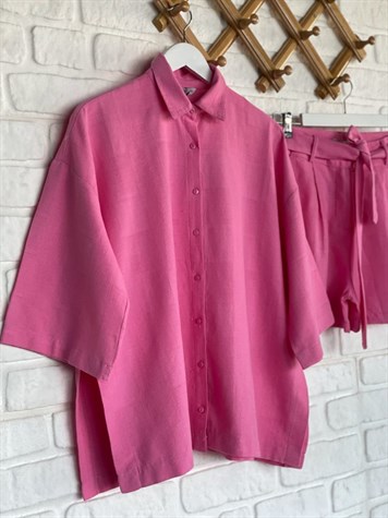 Şort Gömlek Keten Takım (Pembe)