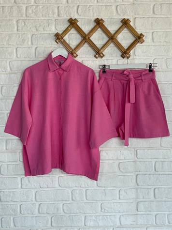 Şort Gömlek Keten Takım (Pembe)
