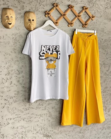 Stop Teddy Bear Taş İşçili Tshirt (Beyaz/Siyah)