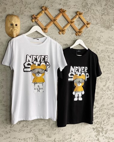 Stop Teddy Bear Taş İşçili Tshirt (Beyaz/Siyah)