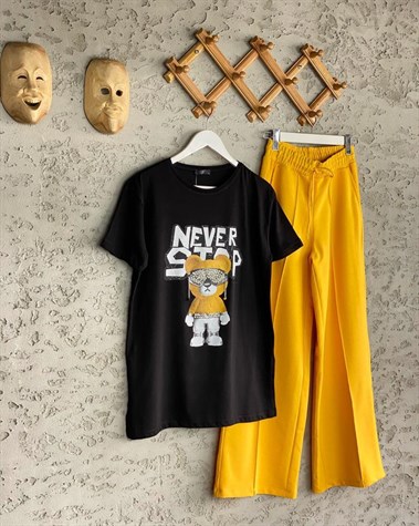 Stop Teddy Bear Taş İşçili Tshirt (Beyaz/Siyah)