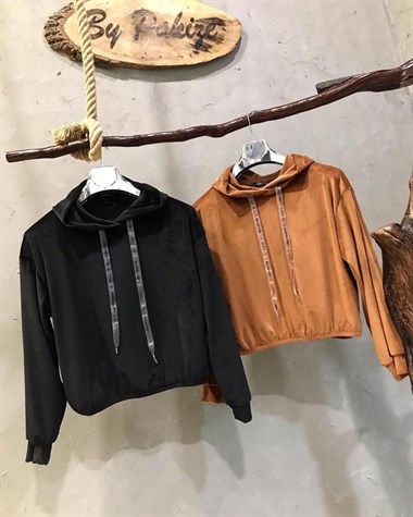 Süet Kadife Kumaş Kapşonlu Sweatshirt (SİYAH & TABA)