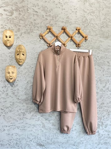 Sweat Yaka Fermuarlı Paça Detaylı Scuba Takım (Bej)