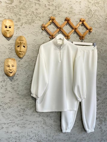 Sweat Yaka Fermuarlı Paça Detaylı Scuba Takım (Beyaz)
