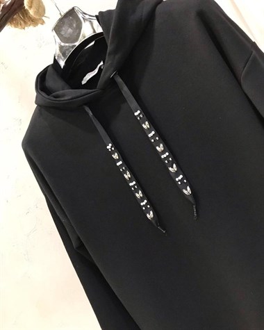 Taş Detaylı Kapşonlu Sweatshirt (SİYAH)