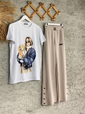 Taş İşçili Kız Baskılı Tshirt (Pembe/Beyaz)