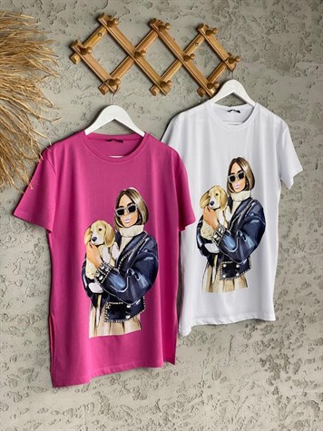 Taş İşçili Kız Baskılı Tshirt (Pembe/Beyaz)