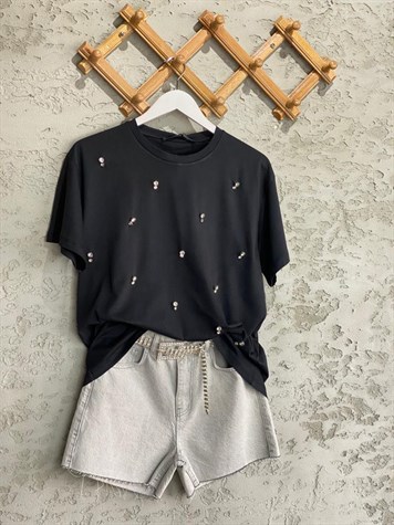 Taş İşlemeli Basic Tshirt (Siyah)