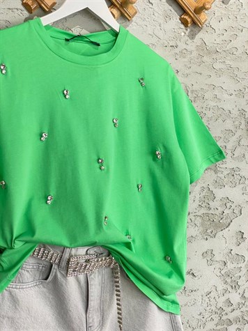 Taş İşlemeli Basic Tshirt (Yeşil)