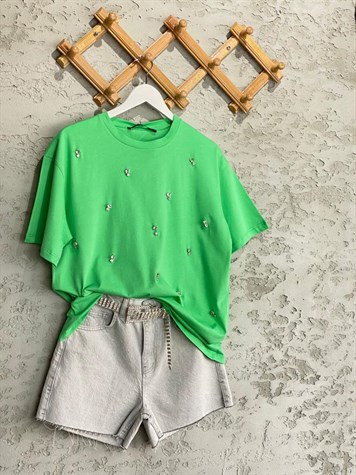 Taş İşlemeli Basic Tshirt (Yeşil)
