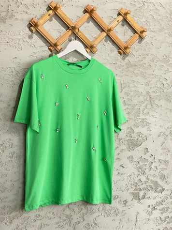 Taş İşlemeli Basic Tshirt (Yeşil)
