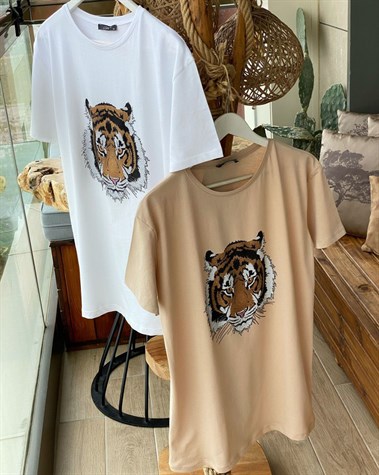 Taş İşlemeli Kaplan Baskılı Tshirt (Bej)