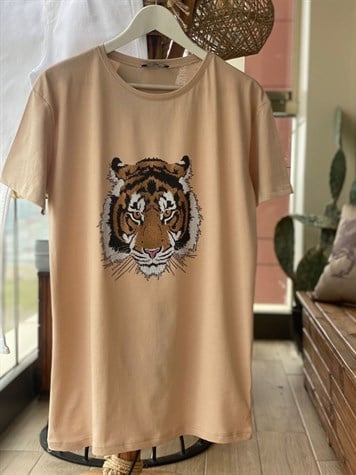 Taş İşlemeli Kaplan Baskılı Tshirt (Bej)