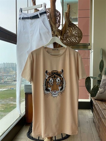 Taş İşlemeli Kaplan Baskılı Tshirt (Bej)