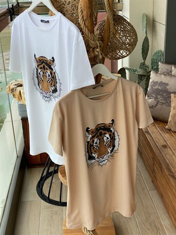 Taş İşlemeli Kaplan Baskılı Tshirt (Bej)