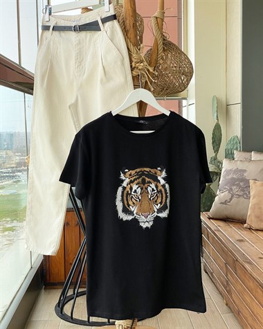 Taş İşlemeli Kaplan Baskılı Tshirt  (Siyah)
