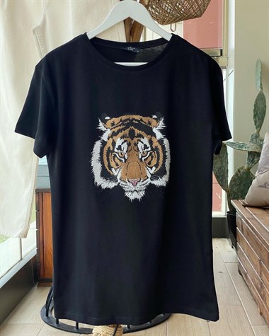 Taş İşlemeli Kaplan Baskılı Tshirt  (Siyah)