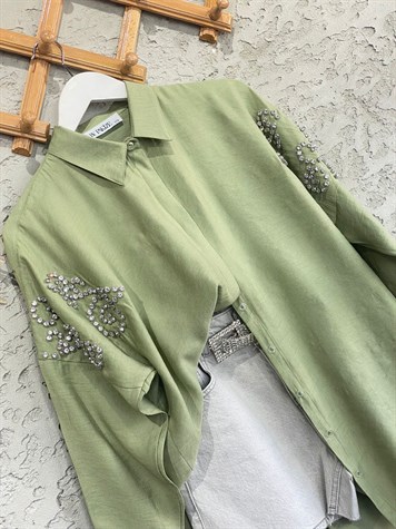 Taş İşlemeli Kol Detay Oversize Gömlek (Haki)