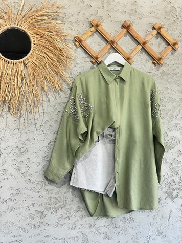 Taş İşlemeli Kol Detay Oversize Gömlek (Haki)