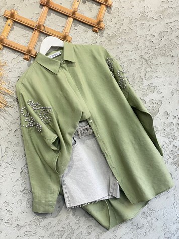 Taş İşlemeli Kol Detay Oversize Gömlek (Haki)